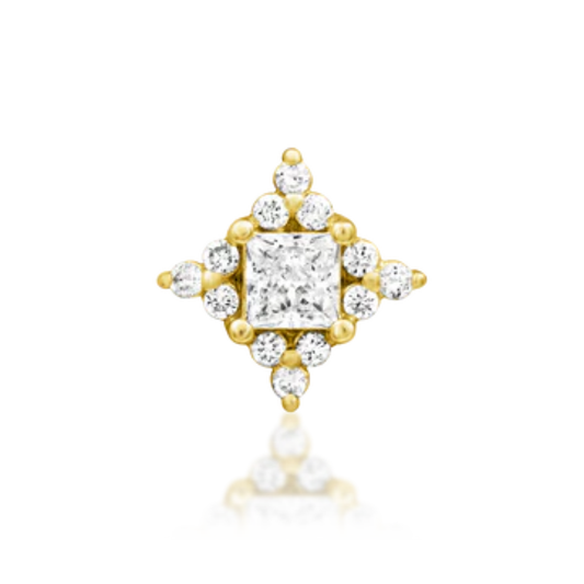 Very shiny 14k gold piercing stud with a central princess-cut diamond framed by a symmetrical burst of round diamonds in a radiant, vintage-inspired setting.
