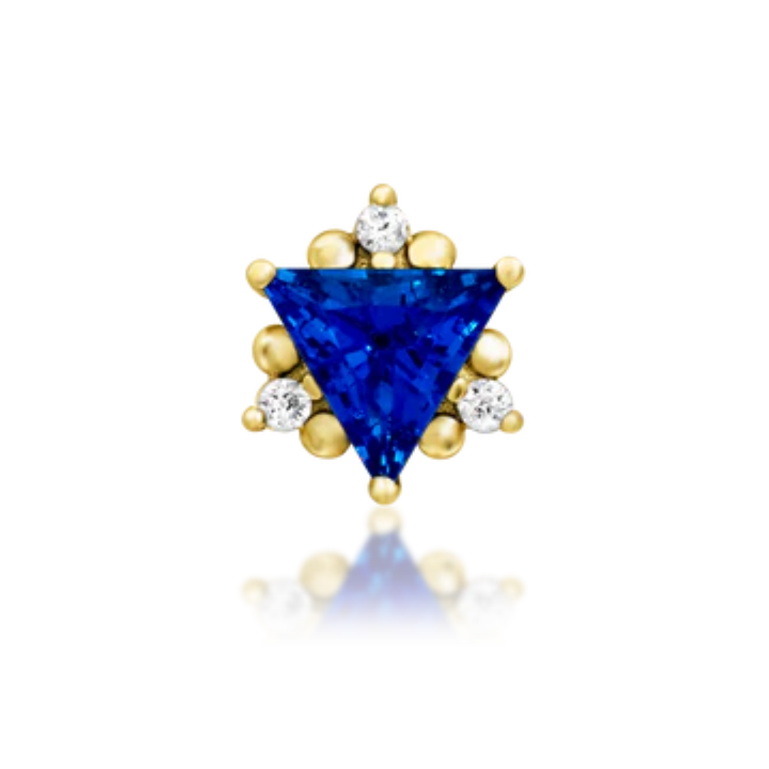 14k gold triangle stud with a vivid blue CZ centre stone and accent white CZs on all sides.