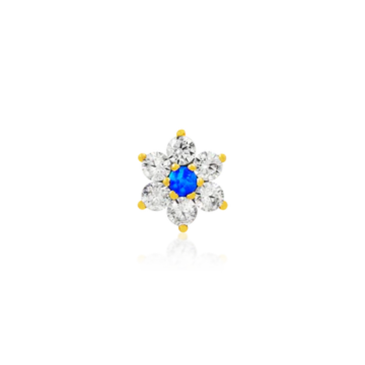 14k gold flower piercing end with sparkling CZ petals and a vibrant blue opal centre.