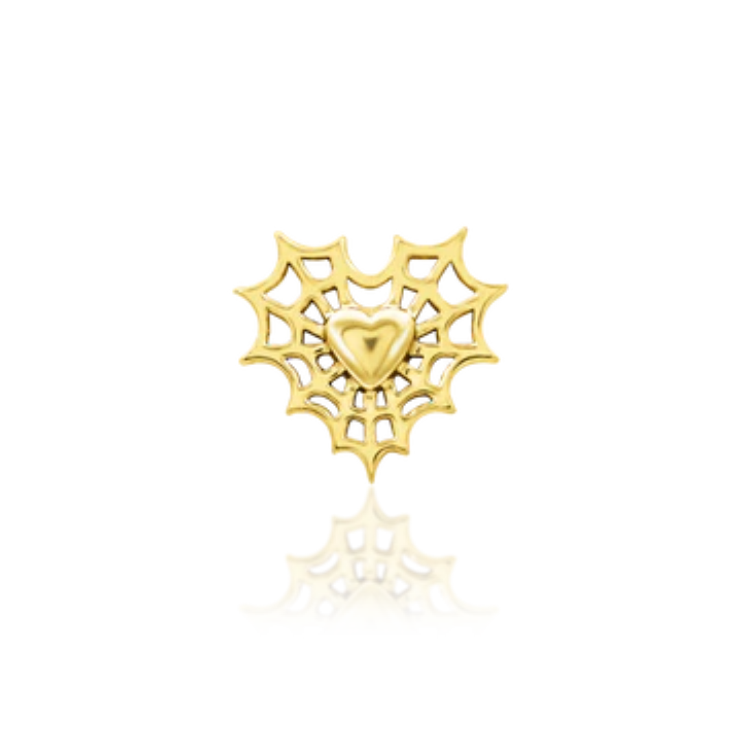 Very shiny 14k gold spiderweb heart body jewellery, featuring an openwork web design with a central raised heart. A bold statement piece ideal for helix, conch, or flat piercings.