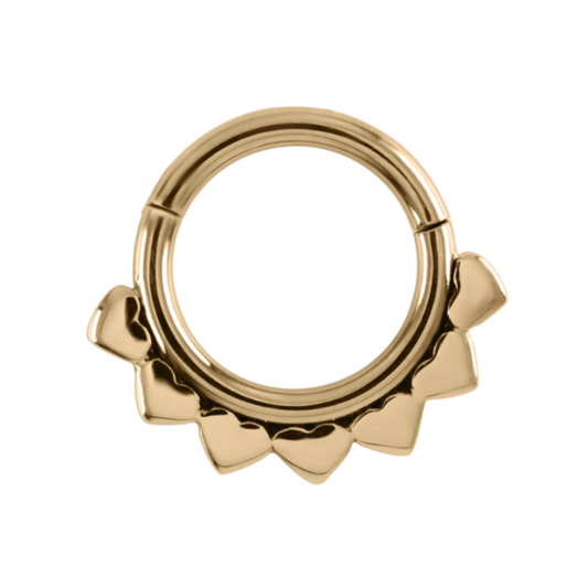 14k gold hinged ring with sculpted heart detailing, designed for septum, daith, or helix piercings.