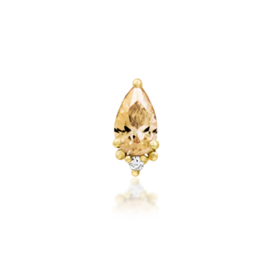 14k gold pear-shaped piercing end featuring a champagne CZ and delicate gold beading with a single clear CZ accent