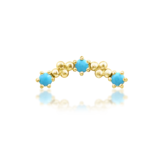14k gold decorative arc piercing end featuring three vibrant turquoise stones framed by polished gold granules.