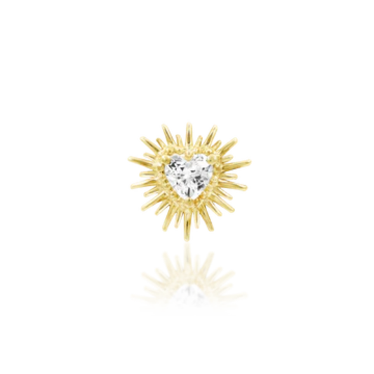 14k gold heart-shaped piercing end with radiant CZ centre and sunburst detail.