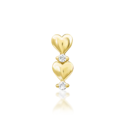 14k gold double heart threadless piercing with cubic zirconia