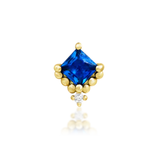 14k gold stud with princess-cut blue stone and white CZ accent – bold and modern design