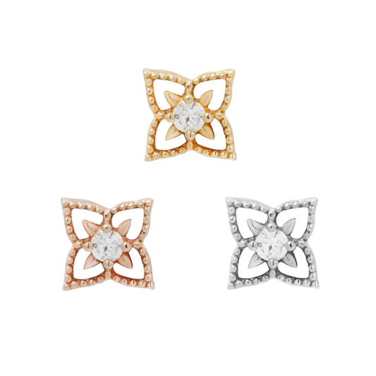 Honor floral-inspired threadless end with cubic zirconia centre in 14ct yellow, white, and rose gold – ornamental piercing jewellery for cartilage or flat
