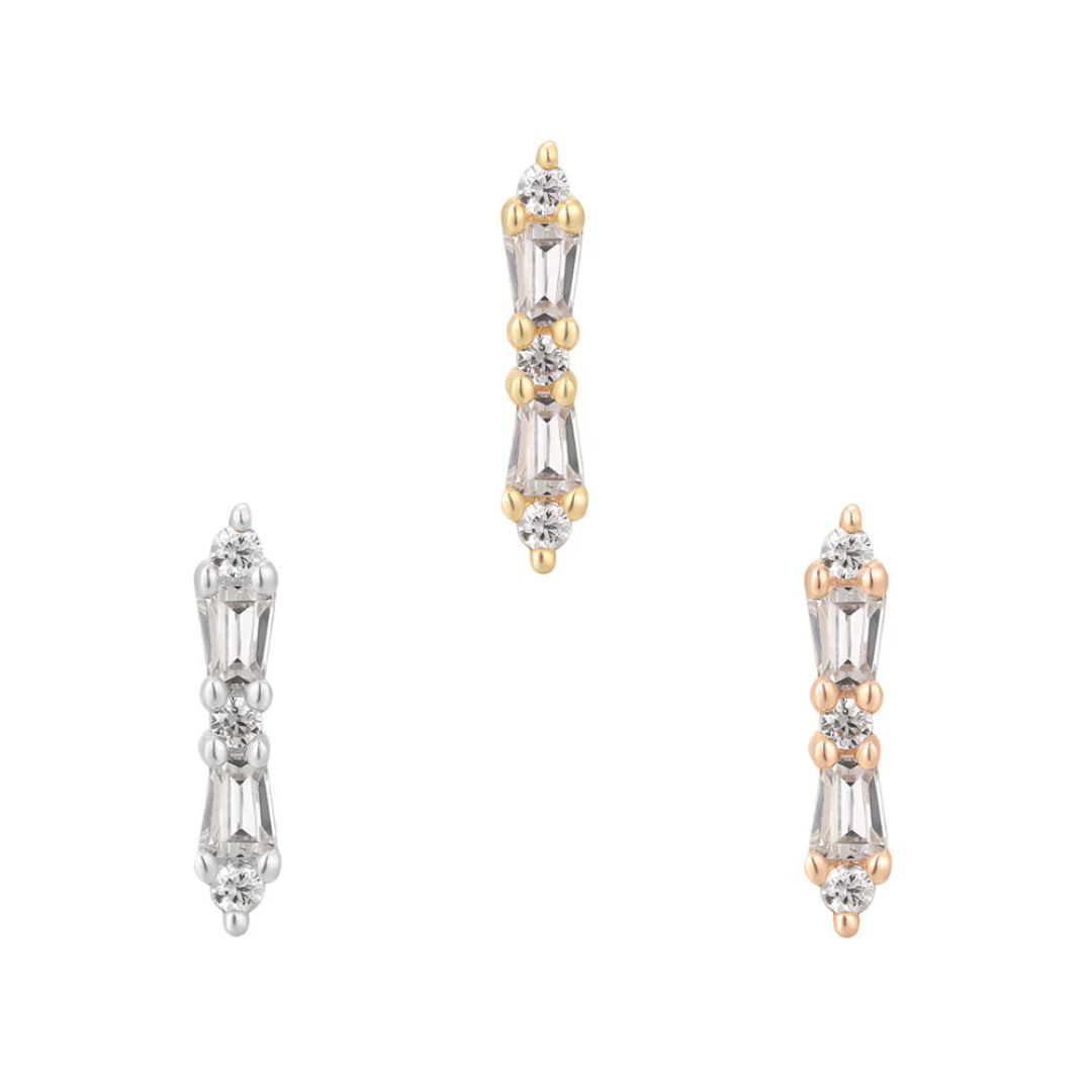 Idolized baguette and round CZ threadless end in 14ct yellow, white, and rose gold – vertical stacking piercing jewellery for cartilage, helix, or flat