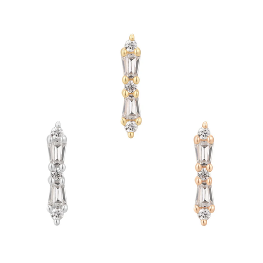 Idolized baguette and round CZ threadless end in 14ct yellow, white, and rose gold – vertical stacking piercing jewellery for cartilage, helix, or flat