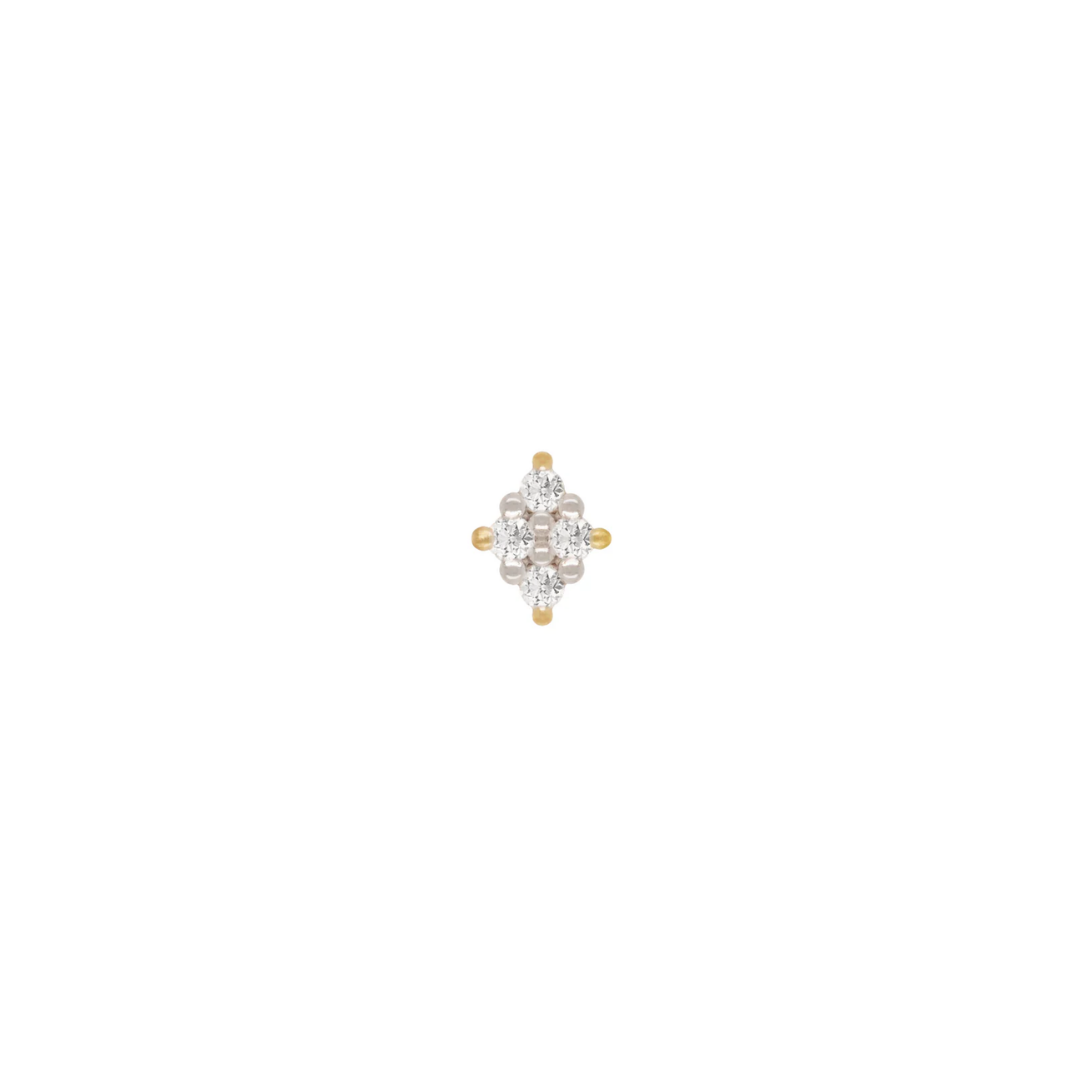 14k gold piercing end featuring a symmetrical cluster of small brilliant-cut diamonds arranged in a soft, floral-inspired shape