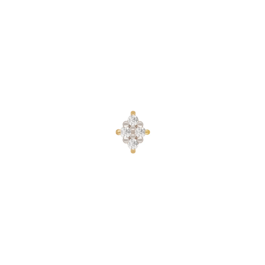 14k gold piercing end featuring a symmetrical cluster of small brilliant-cut diamonds arranged in a soft, floral-inspired shape