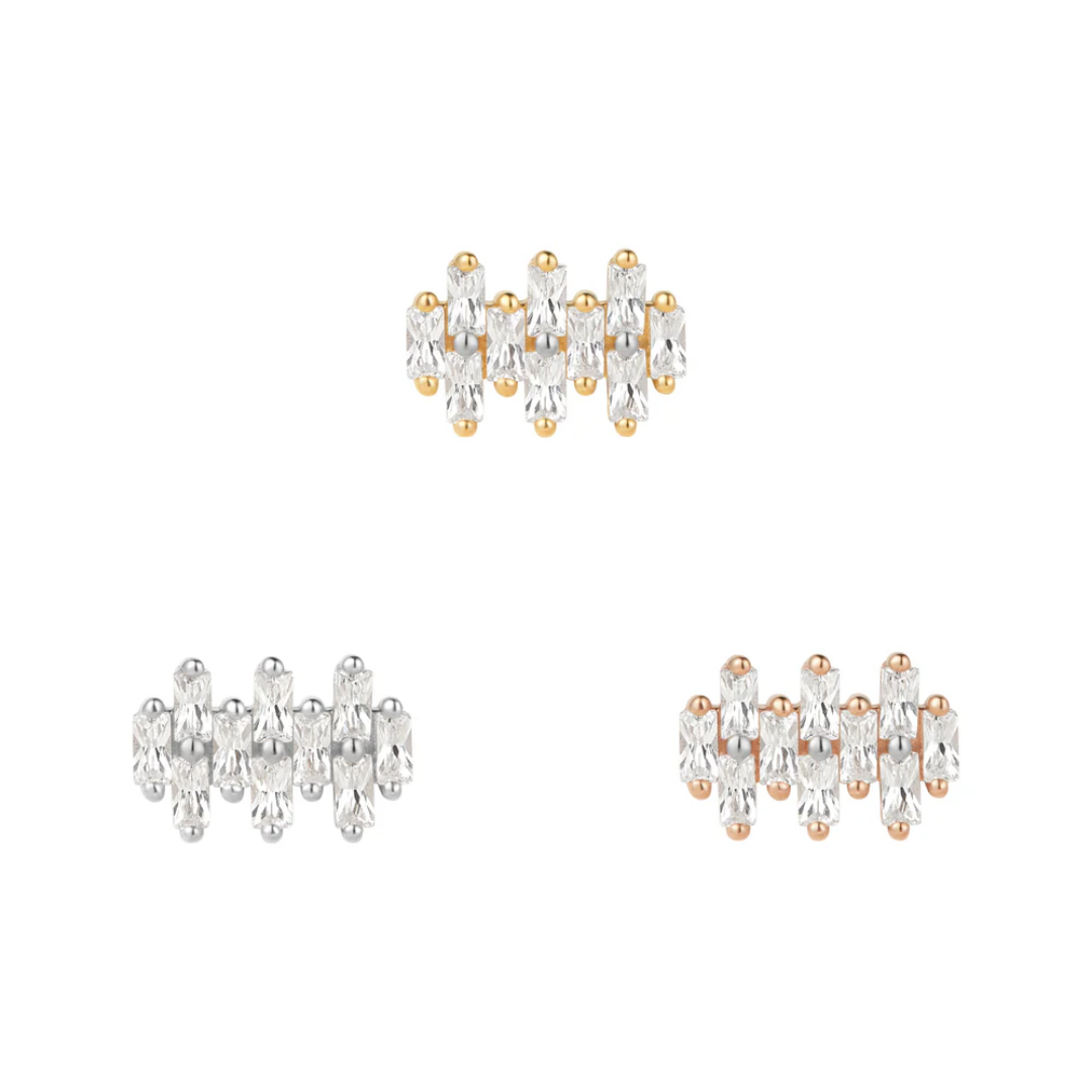 Imagine baguette CZ threadless end in 14ct yellow, white, and rose gold – triple column geometric piercing jewellery for flat, helix, or conch