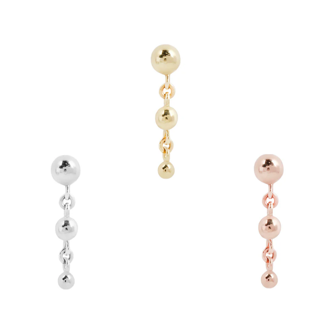 Inanna triple bead chain threadless end in 14ct yellow, white, and rose gold – minimalist drop piercing jewellery for helix, flat, or lobe