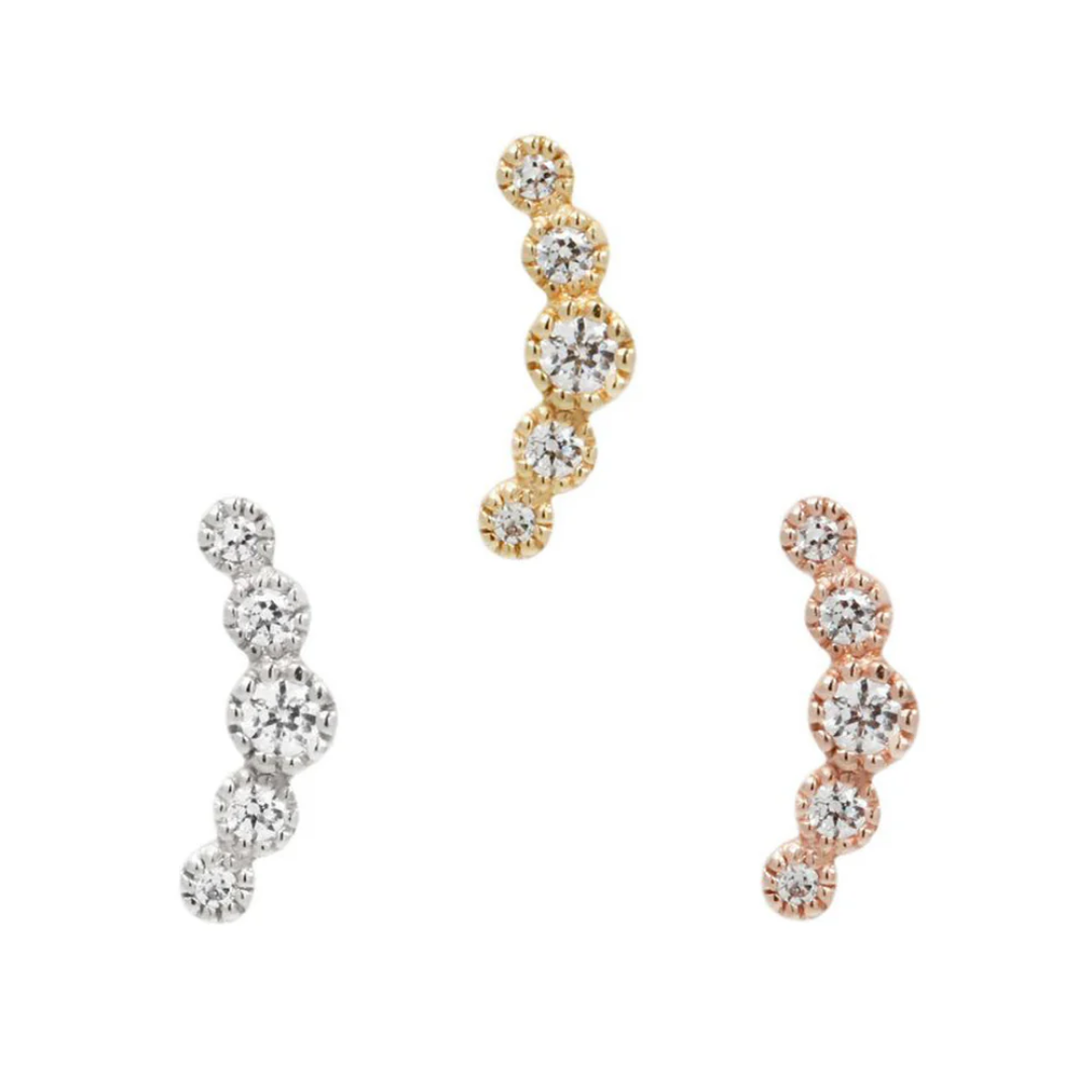 Infinity graduated CZ threadless end in 14ct yellow, white, and rose gold – curved sparkling stud for helix, conch, or lobe piercings