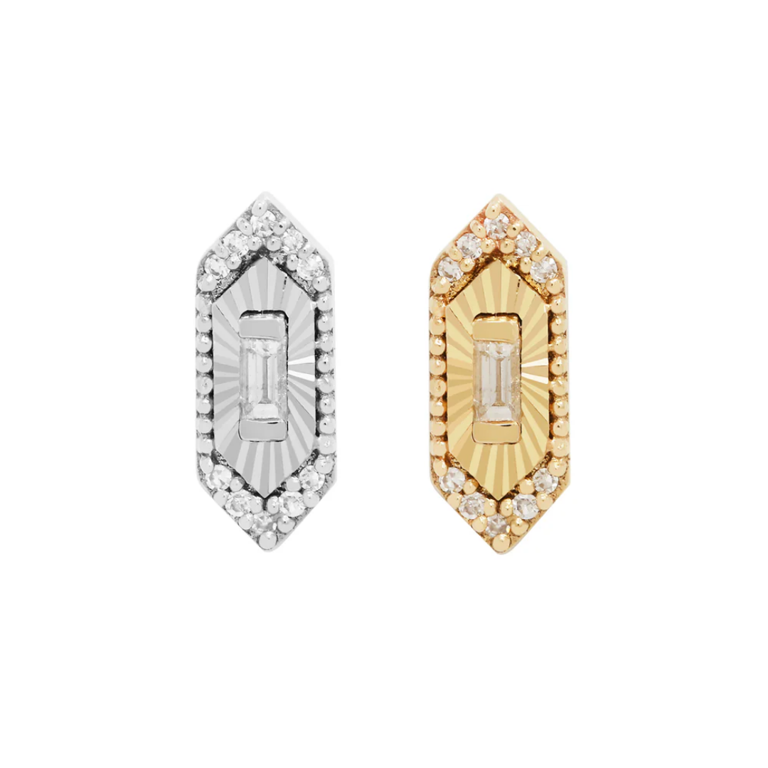 Inspire diamond threadless end in 14ct yellow and white gold – Art Deco-inspired piercing jewellery with baguette and round diamonds