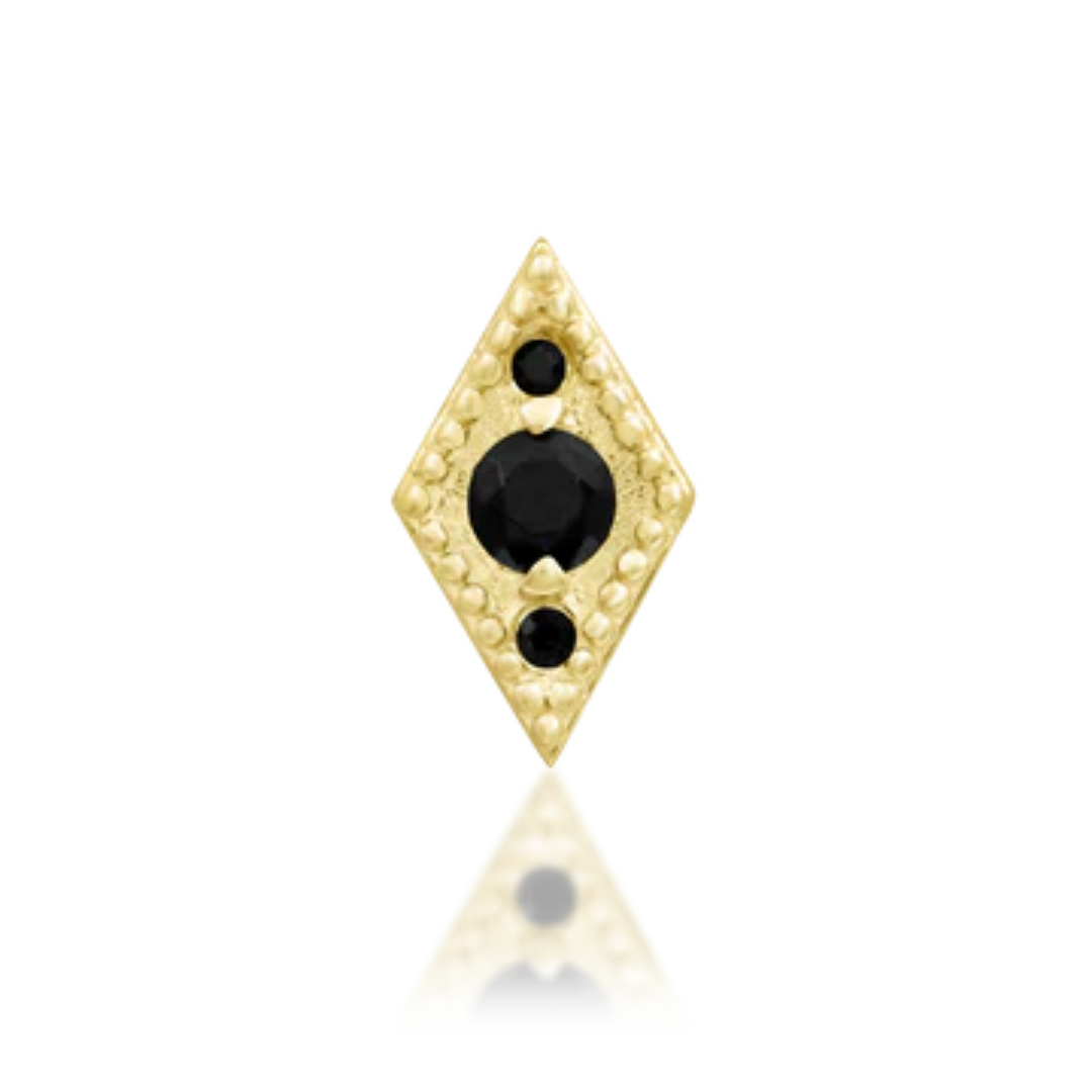 Gold threadless end with black CZ stones in diamond shape for piercings