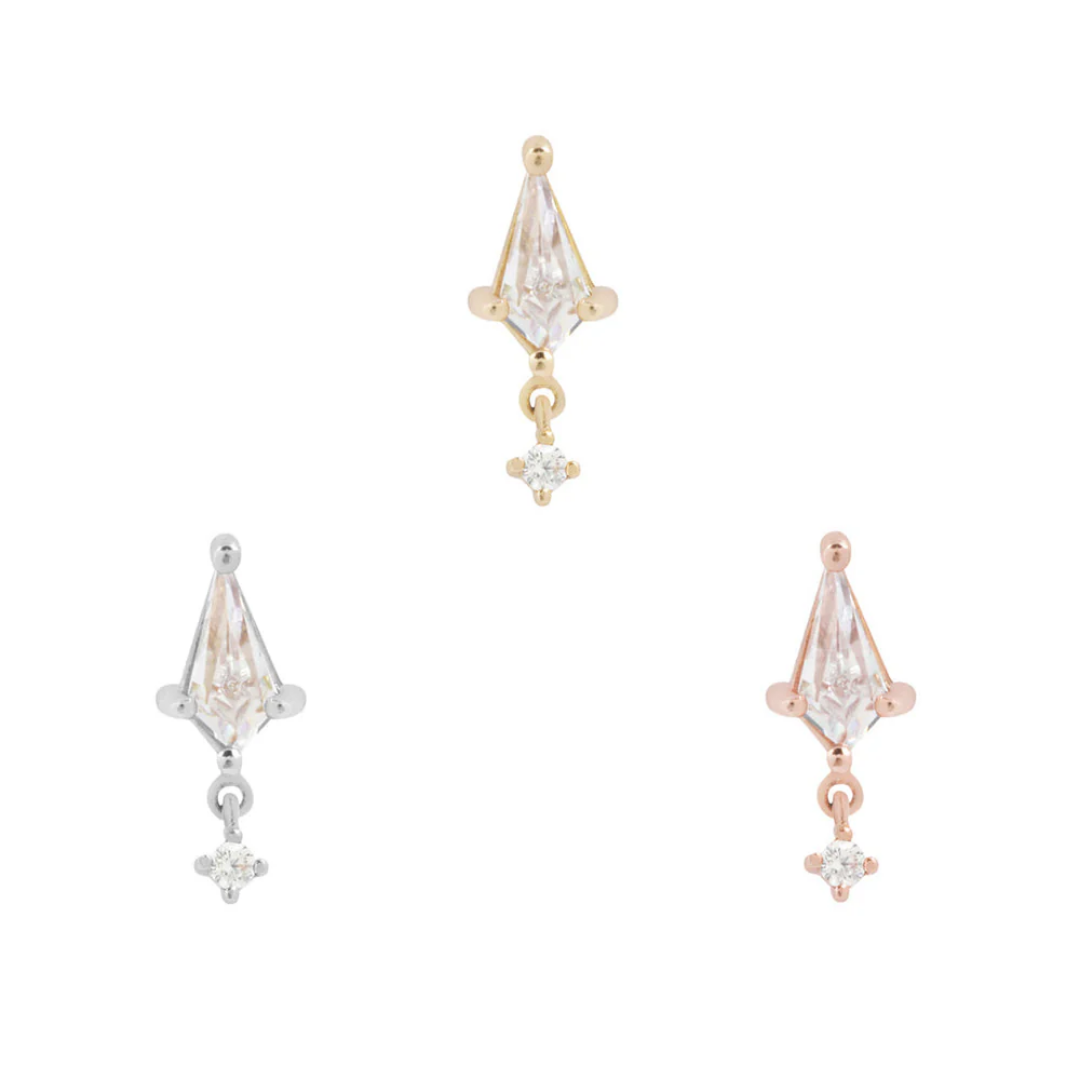 It’s All Happening threadless end with CZ dangle in 14ct gold – elegant drop piercing jewellery UK