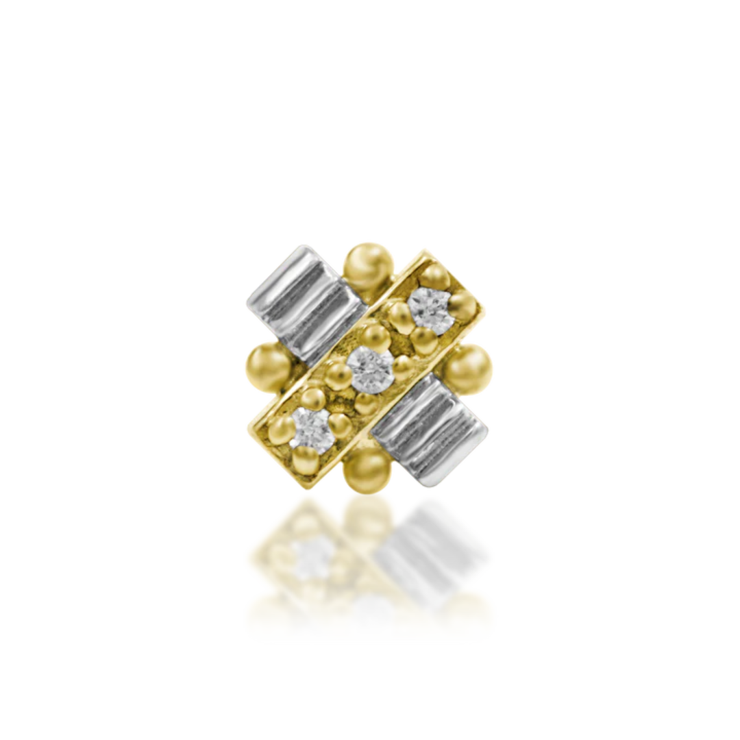 Junipurr dual gold threadless end with cubic zirconia bar centre and textured white gold accents