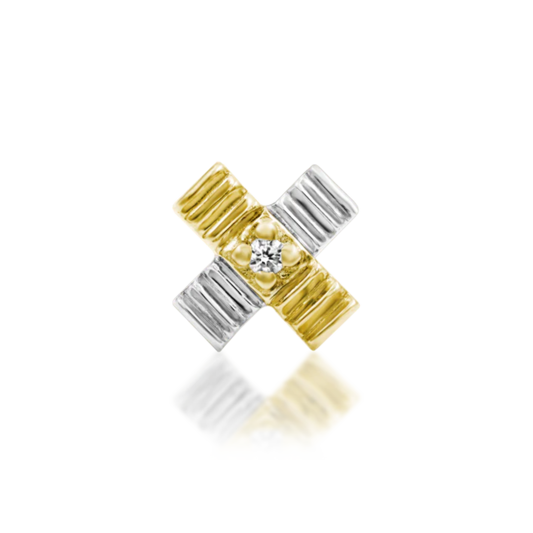 Junipurr dual gold cross threadless end with central cubic zirconia and textured ridged arms
