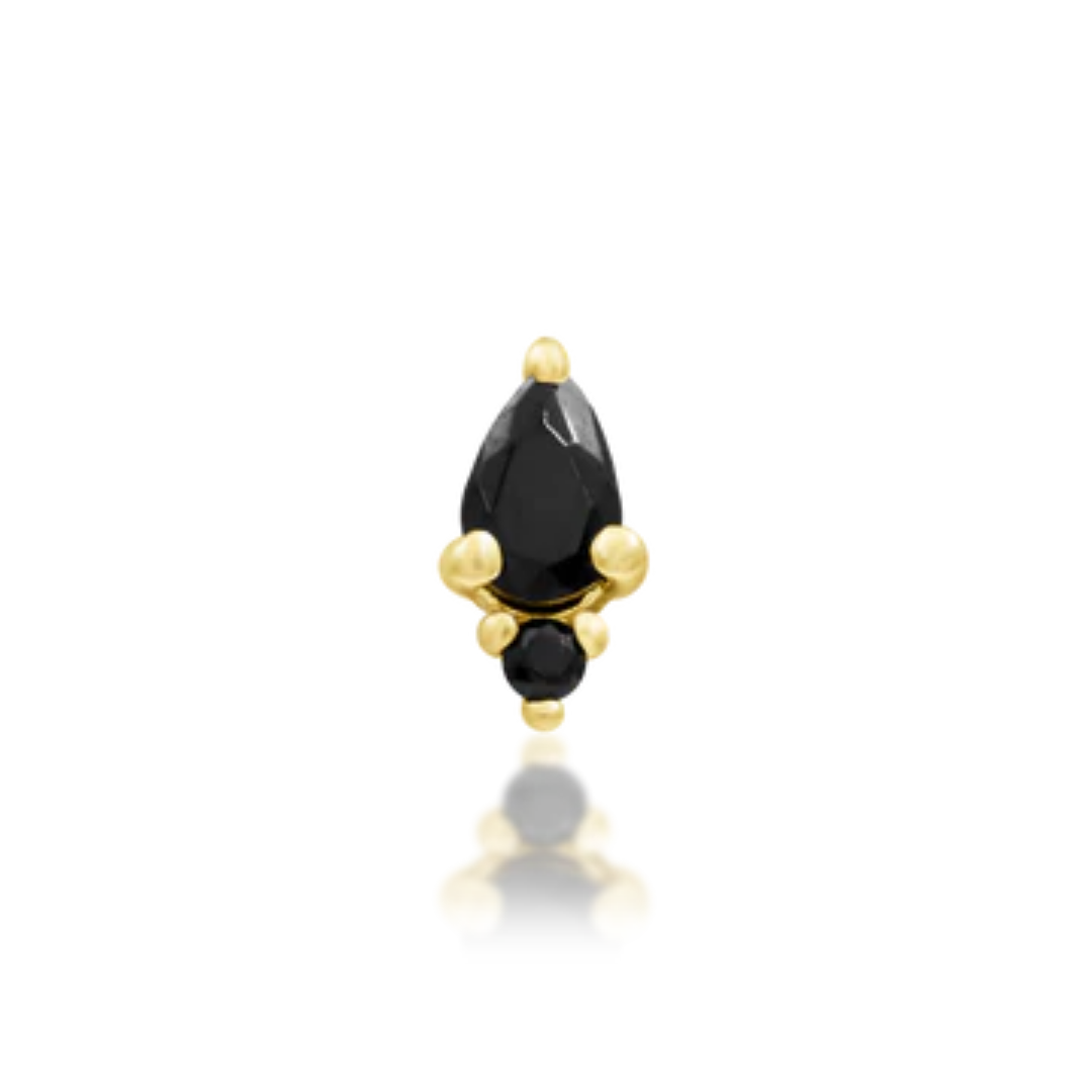 Gold teardrop threadless piercing end with black CZ stones