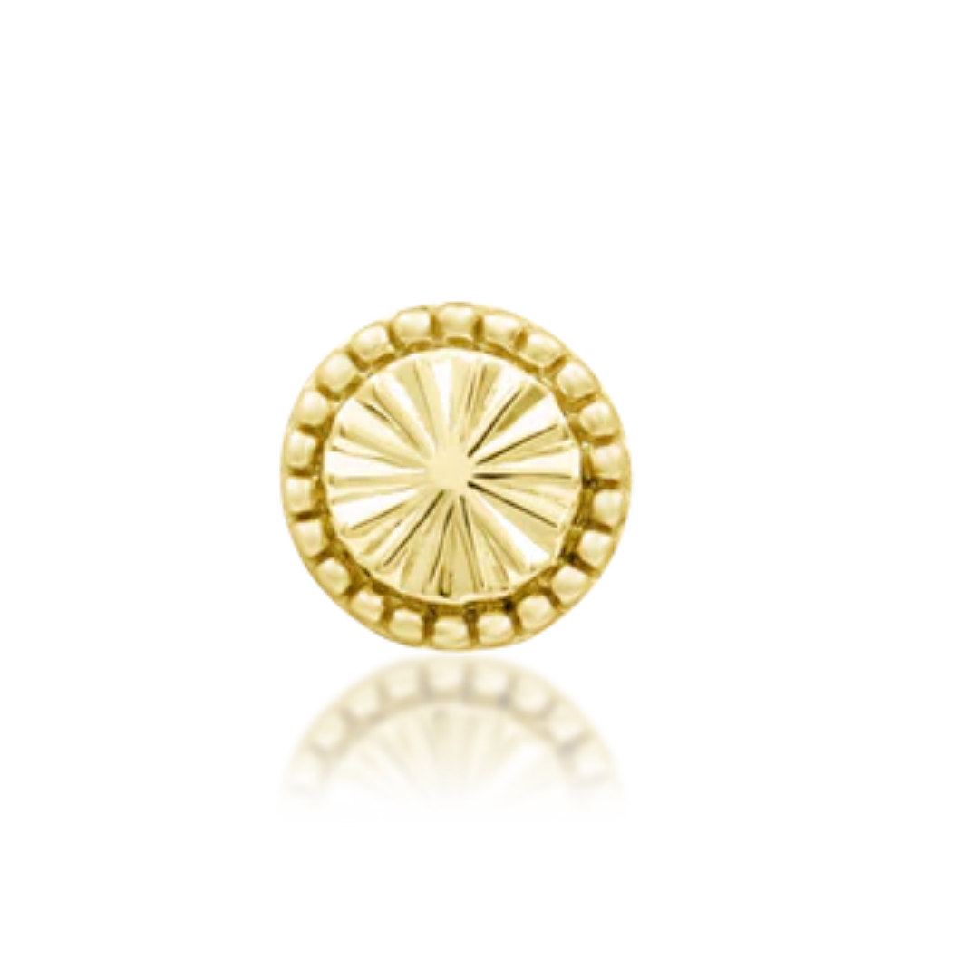 14k gold circular piercing end with sunburst etching and beaded edge detail