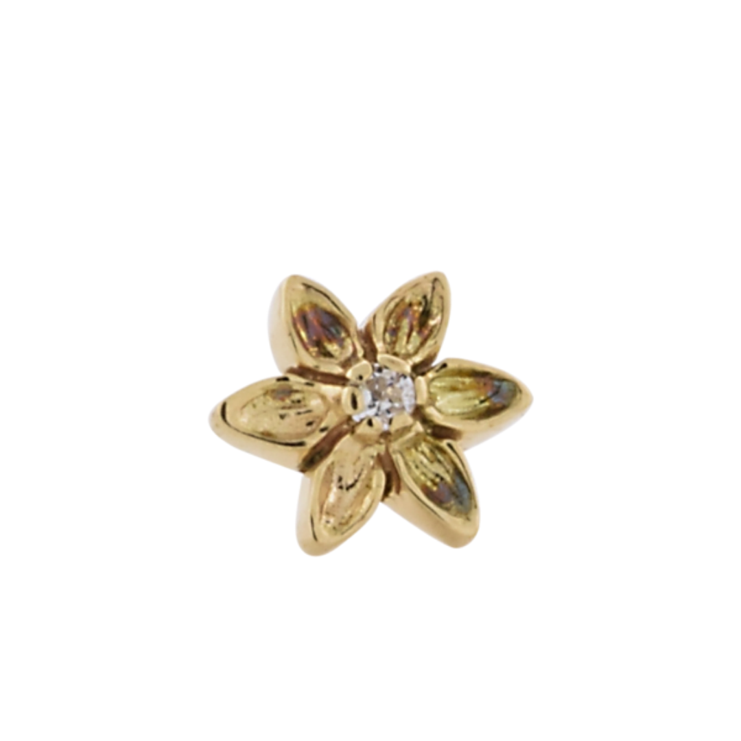 Le Roi 14k gold 6 Petal Lotus Flower threadless end with six polished petals and a central CZ stone, available in yellow, white, and rose gold