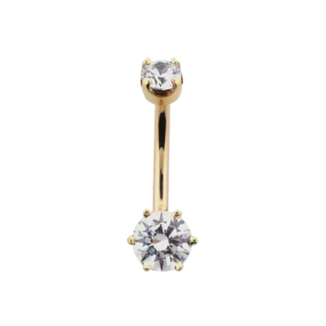 Le Roi 14k gold 6 Prong Round navel bar with two round-cut CZ stones in secure six-prong settings, shown in yellow, white, and rose gold