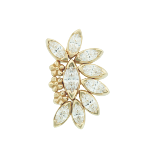 Le Roi 14k gold Brigitte threadless end with cascading marquise-cut CZ stones in a floral-inspired arrangement, shown in yellow, white, and rose gold