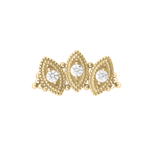 Le Roi 14k gold Clara threadless end with three marquise-shaped motifs framed in milgrain beading and set with CZ stones, available in yellow, white, and rose gold