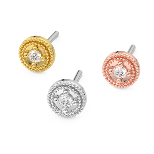 Le Roi 14k solid gold double millgrain round prong threadless ends with central CZ stone, shown in yellow, white, and rose gold variations, luxury body piercing jewellery