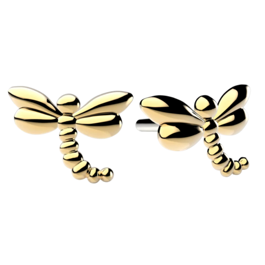 Le Roi 14k solid gold dragonfly-shaped threadless end with titanium post, polished luxury body piercing jewellery available in yellow, white, and rose gold
