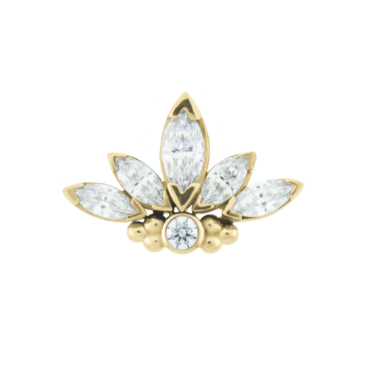 Le Roi 14k solid gold Fay threadless end with marquise-cut diamonds and central bezel-set diamond, accented with polished gold beadwork, available in yellow, white, and rose gold