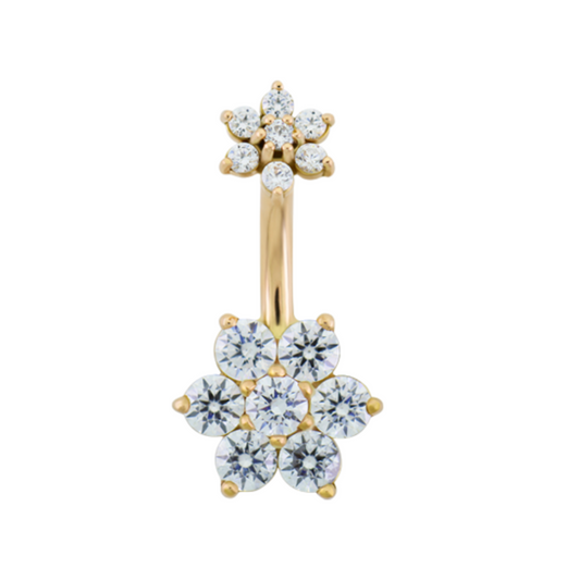 Le Roi 14k gold Flower Navel Bar with double floral clusters of CZ stones, crafted in yellow, white, and rose gold