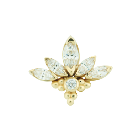 Le Roi 14k solid gold Greta threadless end with marquise-cut CZ stones in a fan-shaped cluster, central bezel-set CZ and polished bead detailing, available in yellow, white, and rose gold