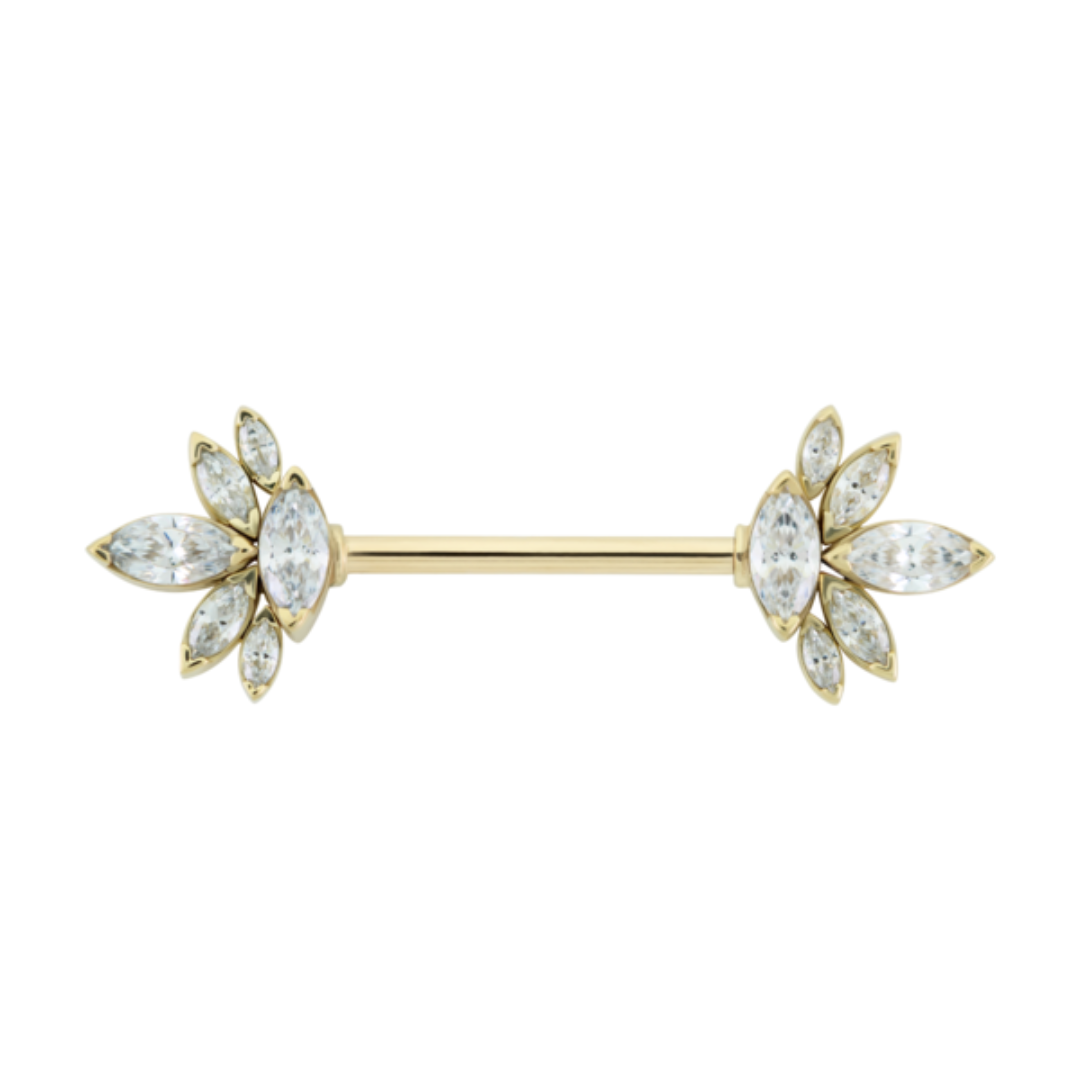 Le Roi 14k gold Mae nipple bar with marquise-cut CZ clusters arranged in floral formations, shown in yellow, white, and rose gold