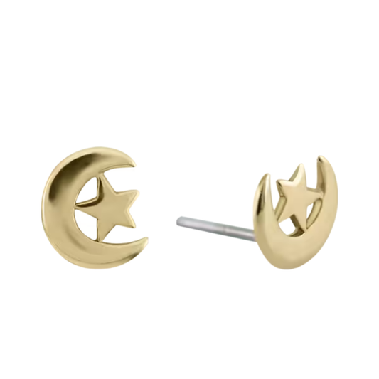 Le Roi 14k solid gold crescent moon and star threadless end with polished finish and titanium post, available in yellow, white, and rose gold