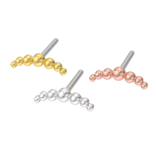 Le Roi 14k solid gold Motif threadless ends with graduated bead design in a curved shape, shown in yellow, white, and rose gold