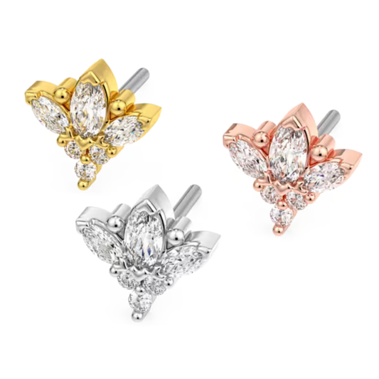 Le Roi 14k solid gold Pristina threadless ends with marquise and round CZ stones in a cluster design, accented with polished bead details, shown in yellow, white, and rose gold
