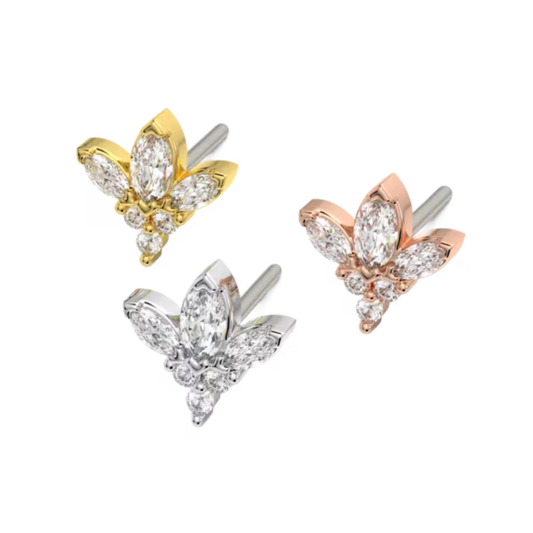 Le Roi 14k solid gold Pristine threadless ends with marquise and round CZ stones in a clustered design, shown in yellow, white, and rose gold