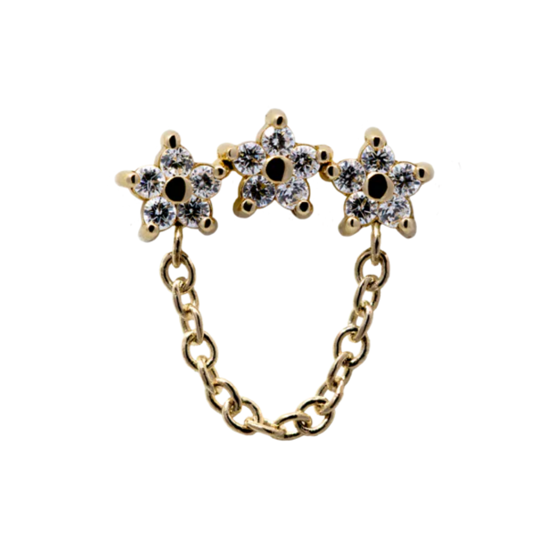 Le Roi 14k solid gold StarLight end with three star-shaped CZ clusters connected by a delicate gold chain, available in yellow, white, and rose gold