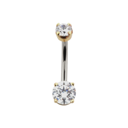Le Roi hybrid 4 prong round navel bar with CZ stones in 14k gold prongs and implant grade steel stem