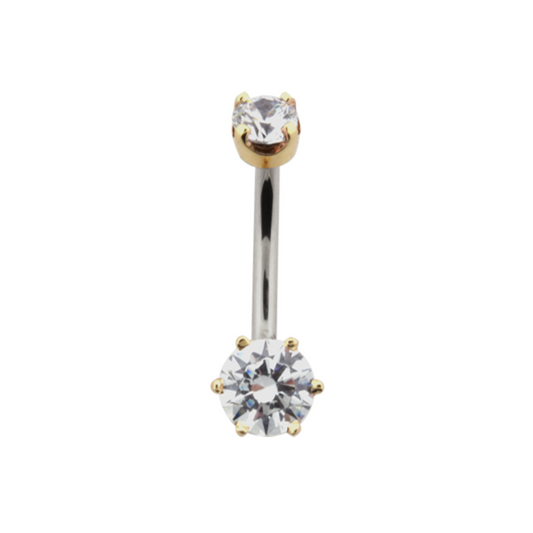 Le Roi hybrid 6 prong round navel bar with CZ stones in 14k gold prongs and implant grade steel stem