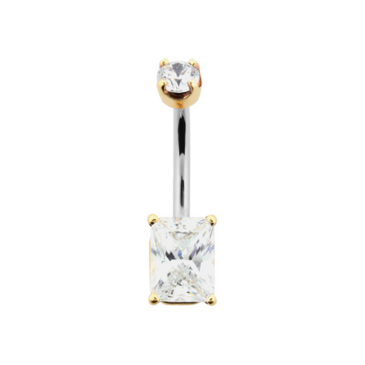 Le Roi hybrid emerald-cut CZ navel bar with 14k gold prongs and implant grade steel stem