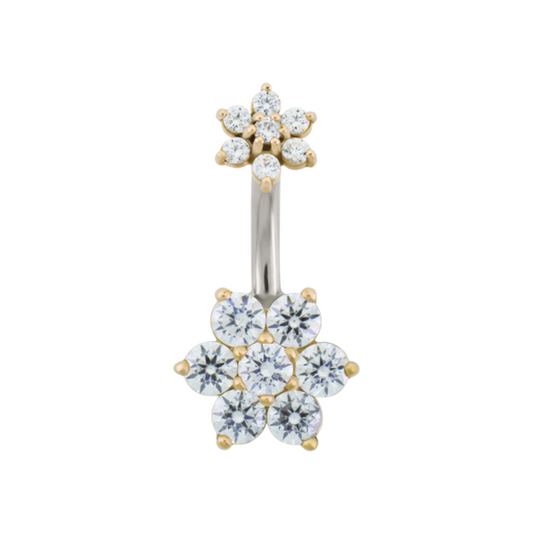 Le Roi hybrid flower navel bar with CZ clusters in 14k gold prongs and implant grade steel stem