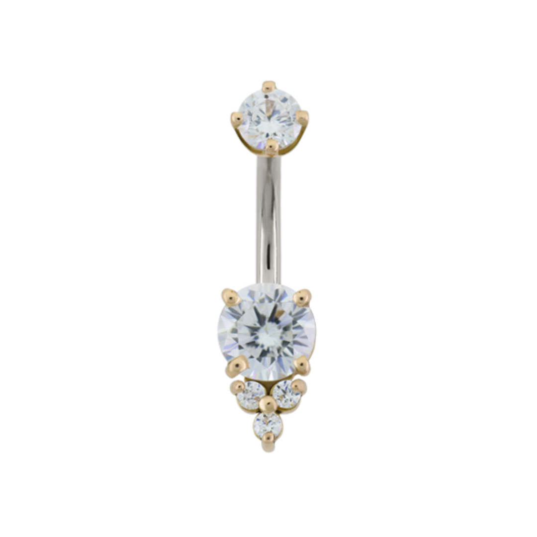 Le Roi hybrid triple melee navel bar with CZ stones in 14k gold prongs and implant grade steel stem