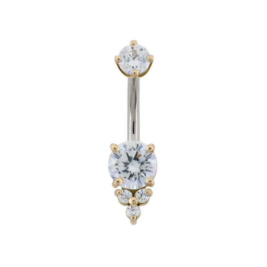Le Roi hybrid triple melee navel bar with CZ stones in 14k gold prongs and implant grade steel stem