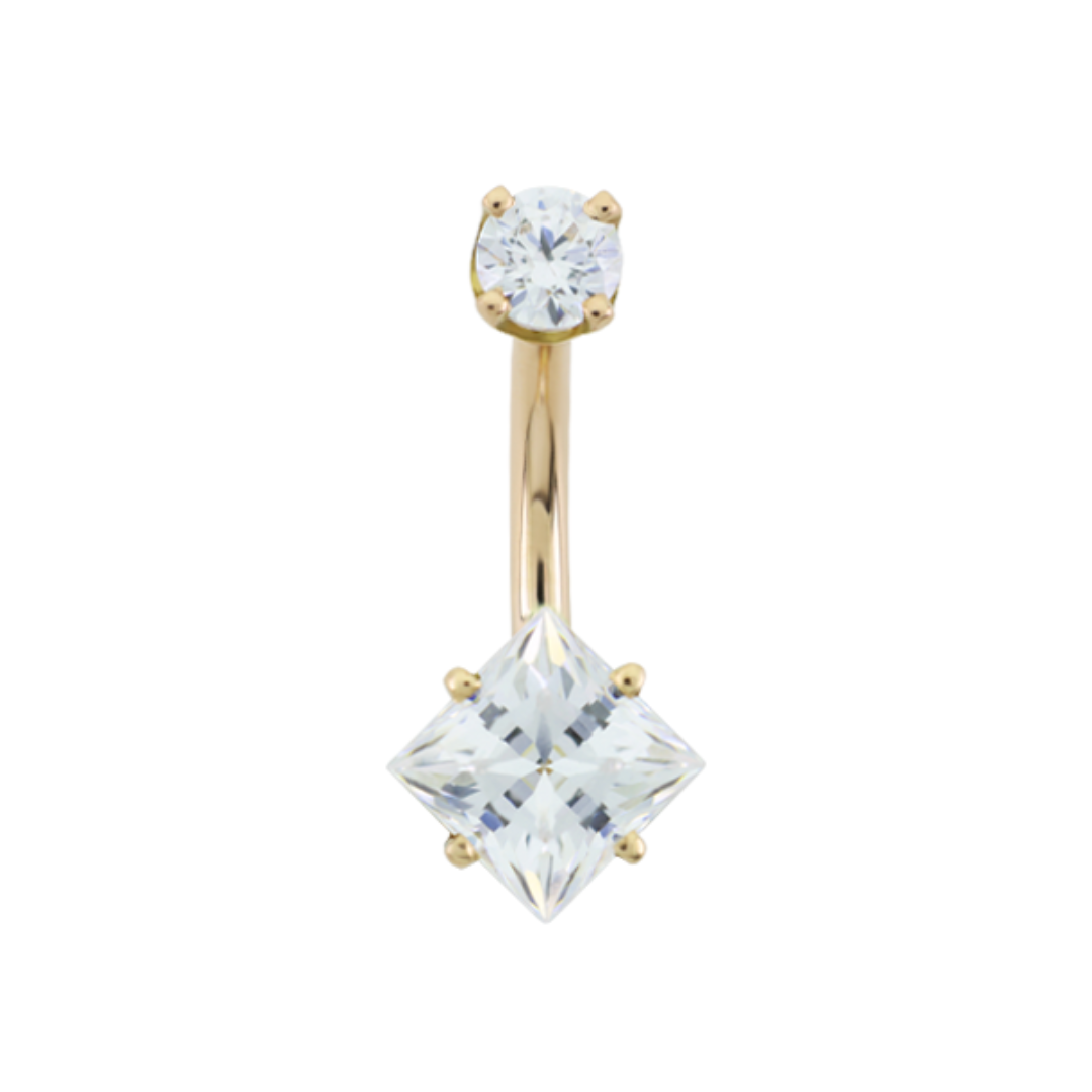 Le Roi Princess navel bar in 14k gold with princess-cut CZ and round accent stone
