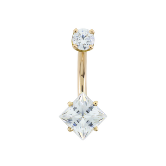 Le Roi Princess navel bar in 14k gold with princess-cut CZ and round accent stone