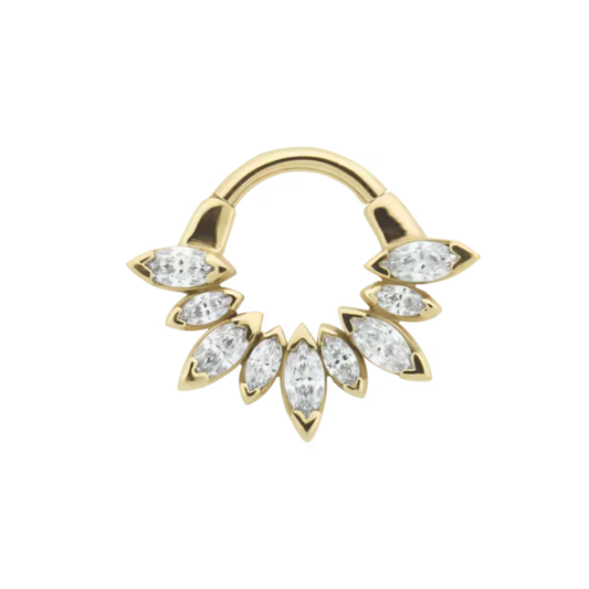 Le Roi Seena 14k gold clicker ring with marquise cut stones arranged in a fan design, luxury septum or daith jewellery
