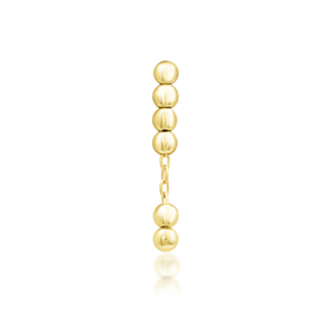 14k gold vertical piercing end with stacked beads and chain drop